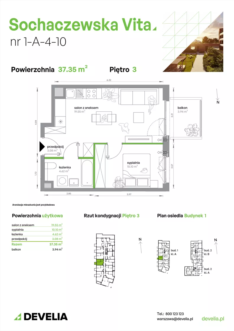 2 pokoje, mieszkanie 37,35 m², piętro 3, oferta nr 1-A-4-10, Sochaczewska Vita IV, Warszawa, Bemowo, Chrzanów, ul. Sochaczewska 12