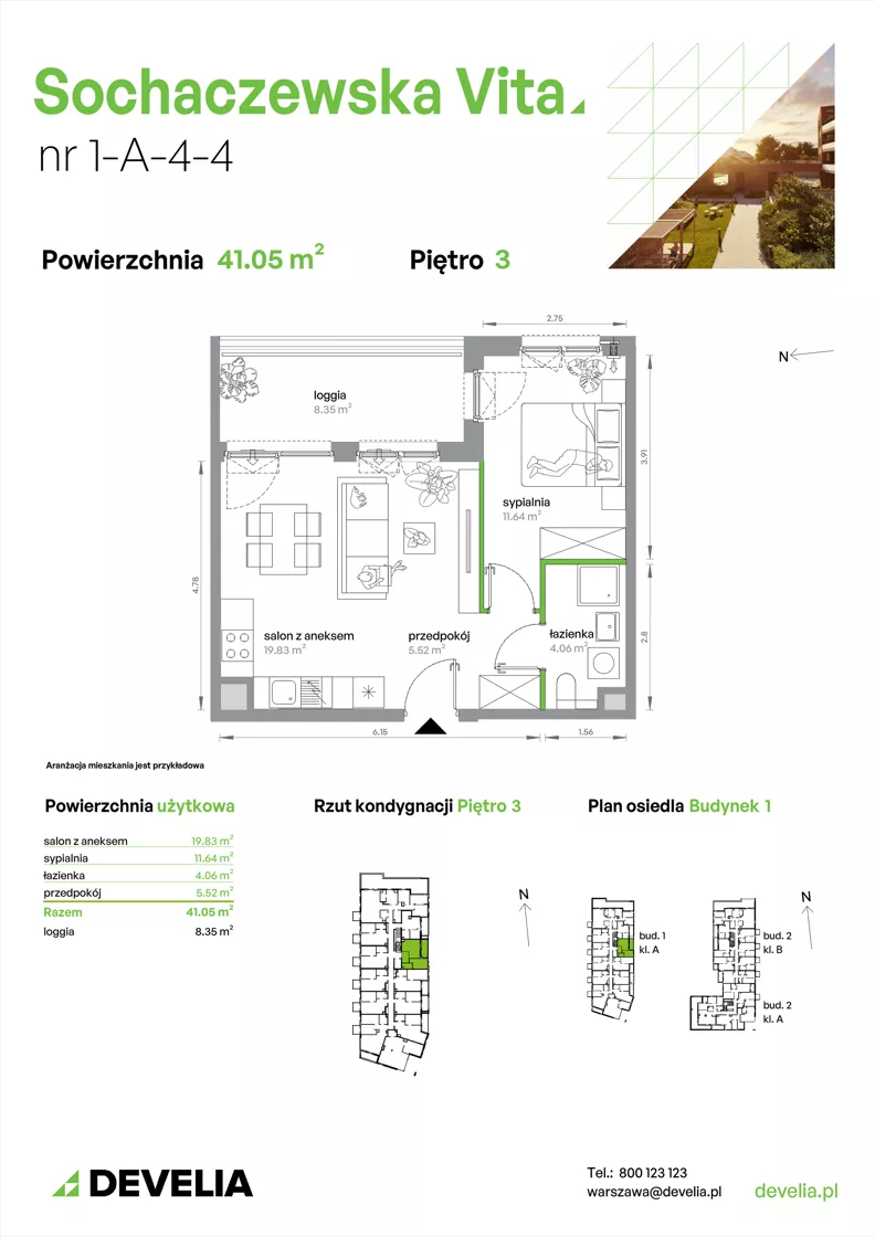 2 pokoje, mieszkanie 41,05 m², piętro 3, oferta nr 1-A-4-4, Sochaczewska Vita IV, Warszawa, Bemowo, Chrzanów, ul. Sochaczewska 12