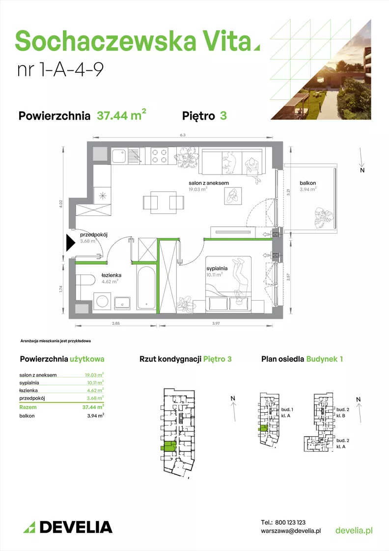 2 pokoje, mieszkanie 37,44 m², piętro 3, oferta nr 1-A-4-9, Sochaczewska Vita IV, Warszawa, Bemowo, Chrzanów, ul. Sochaczewska 12