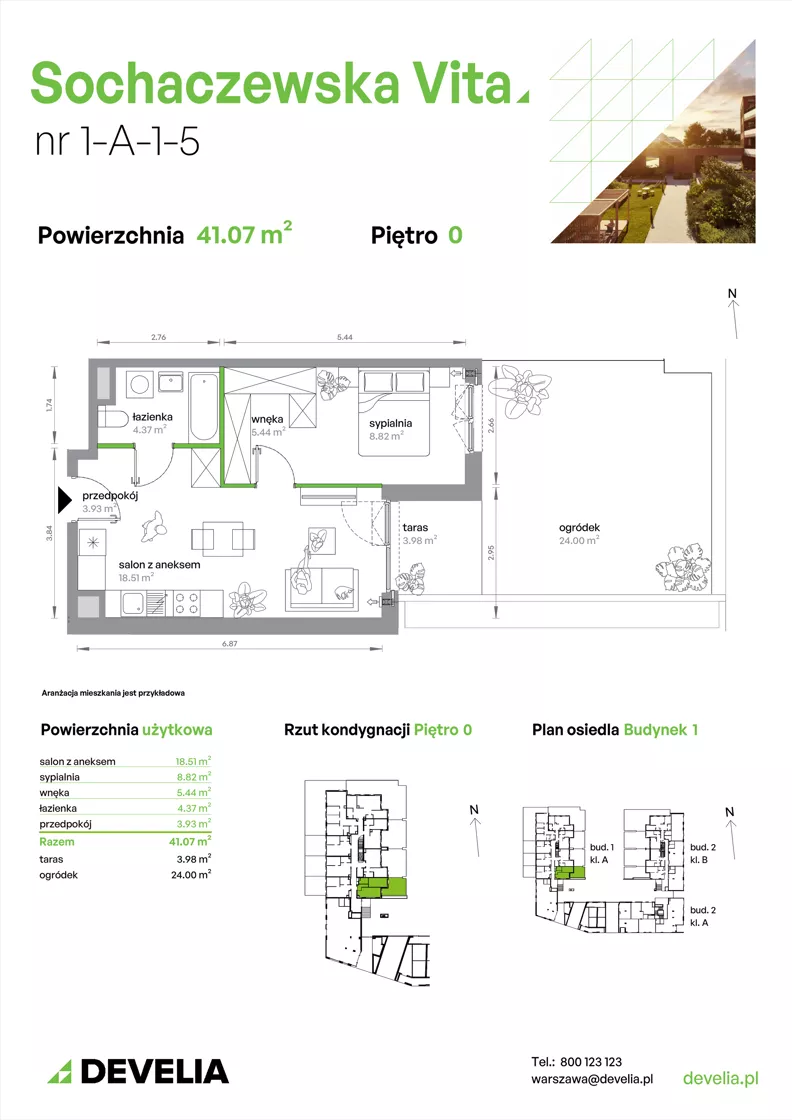 2 pokoje, mieszkanie 41,07 m², parter, oferta nr 1-A-1-5, Sochaczewska Vita IV, Warszawa, Bemowo, Chrzanów, ul. Sochaczewska 12