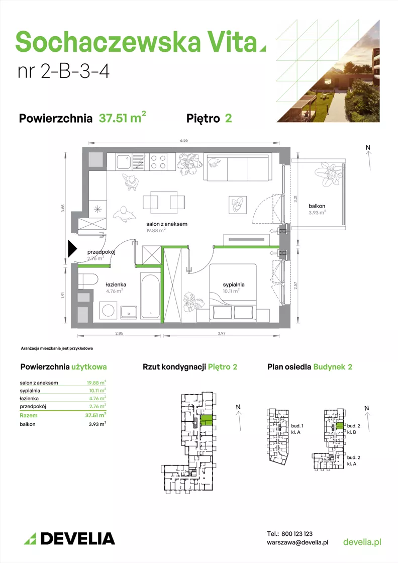 2 pokoje, mieszkanie 37,51 m², piętro 2, oferta nr 2-B-3-4, Sochaczewska Vita V, Warszawa, Bemowo, Chrzanów, ul. Sochaczewska 12