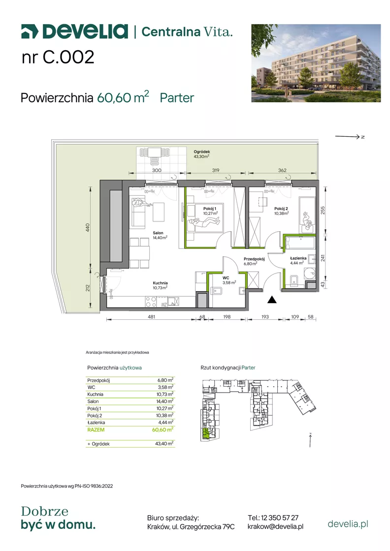 3 pokoje, mieszkanie 60,60 m², parter, oferta nr C.002, Centralna Vita etap IV, Kraków, Czyżyny, ul. Ciesielskiego
