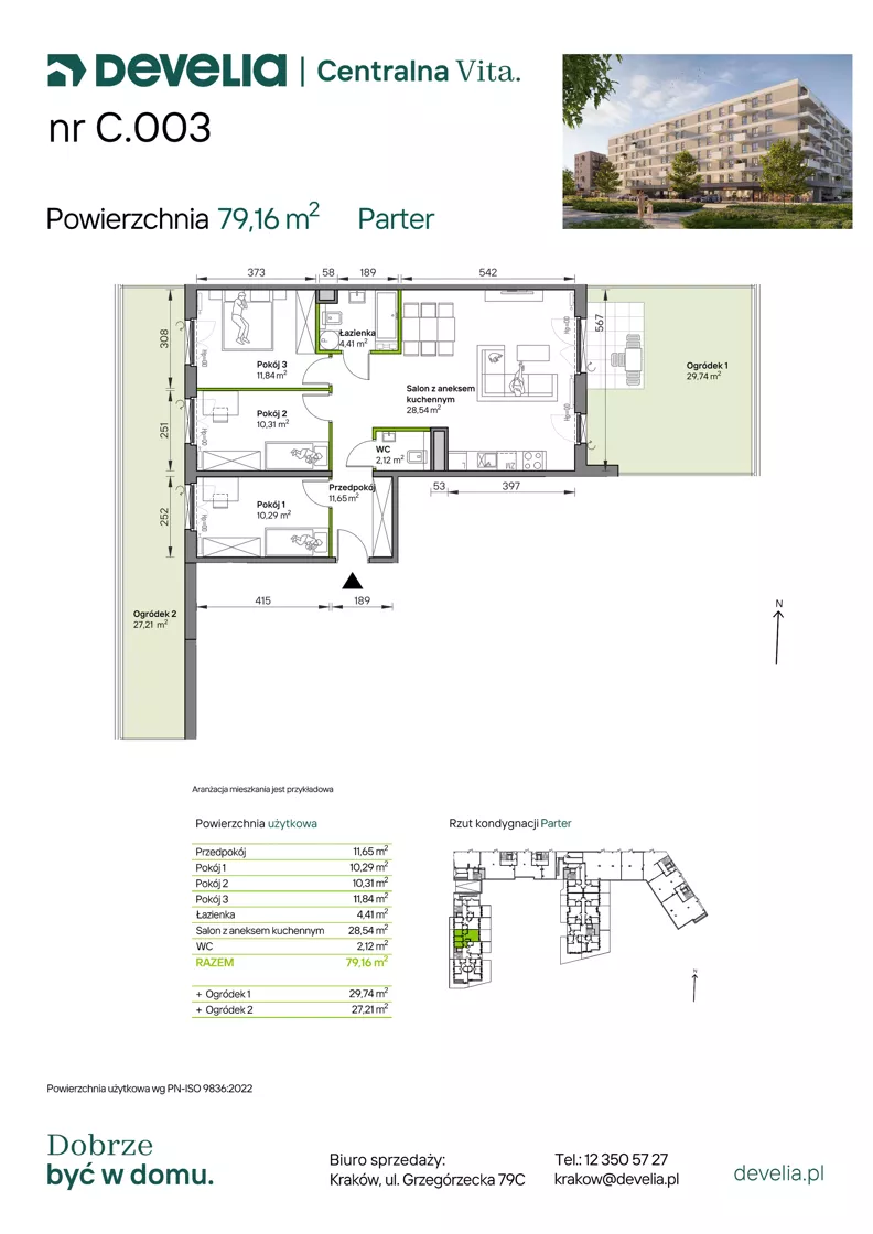 4 pokoje, mieszkanie 79,16 m², parter, oferta nr C.003, Centralna Vita etap IV, Kraków, Czyżyny, ul. Ciesielskiego