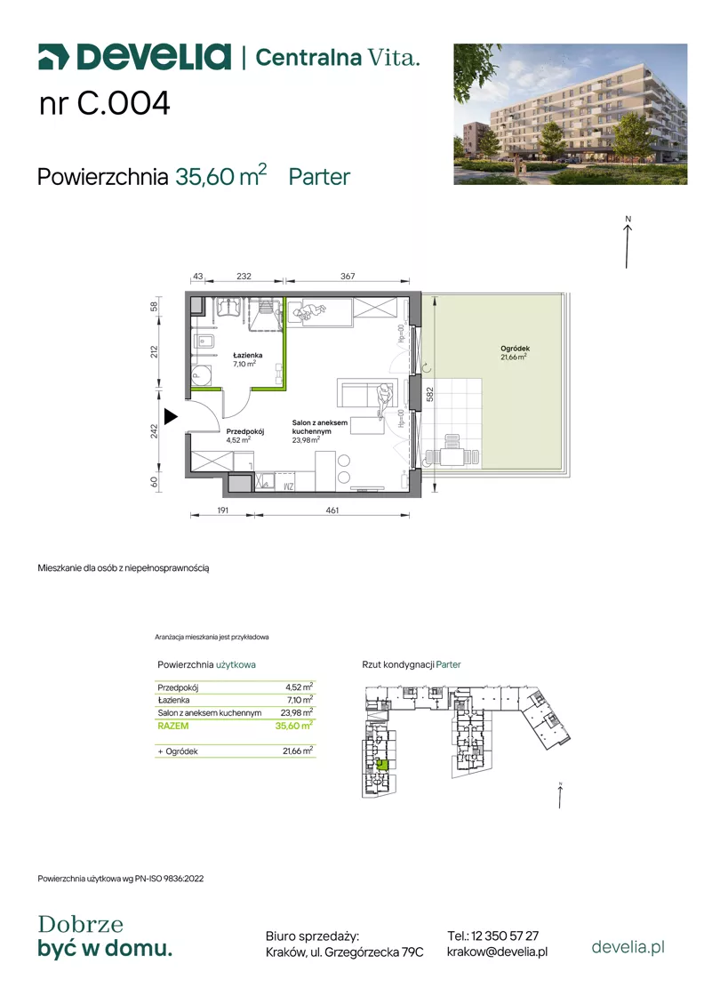 1 pokój, mieszkanie 35,60 m², parter, oferta nr C.004, Centralna Vita etap IV, Kraków, Czyżyny, ul. Ciesielskiego