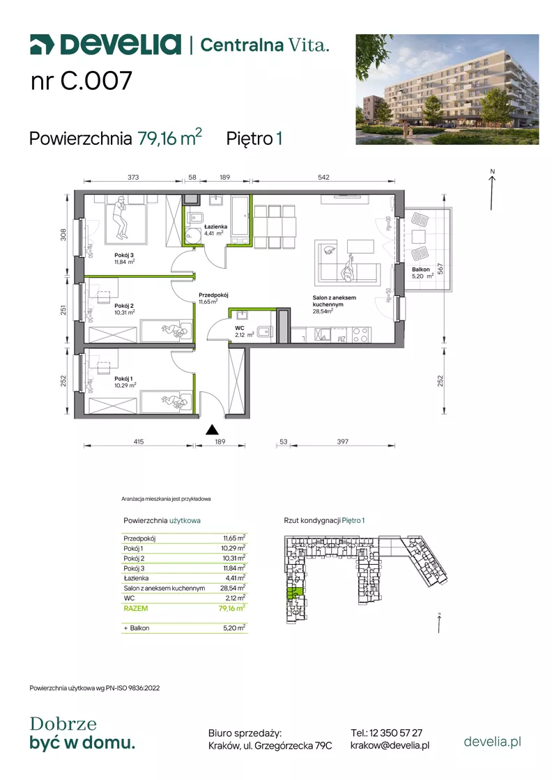 4 pokoje, mieszkanie 79,16 m², piętro 1, oferta nr C.007, Centralna Vita etap IV, Kraków, Czyżyny, ul. Ciesielskiego