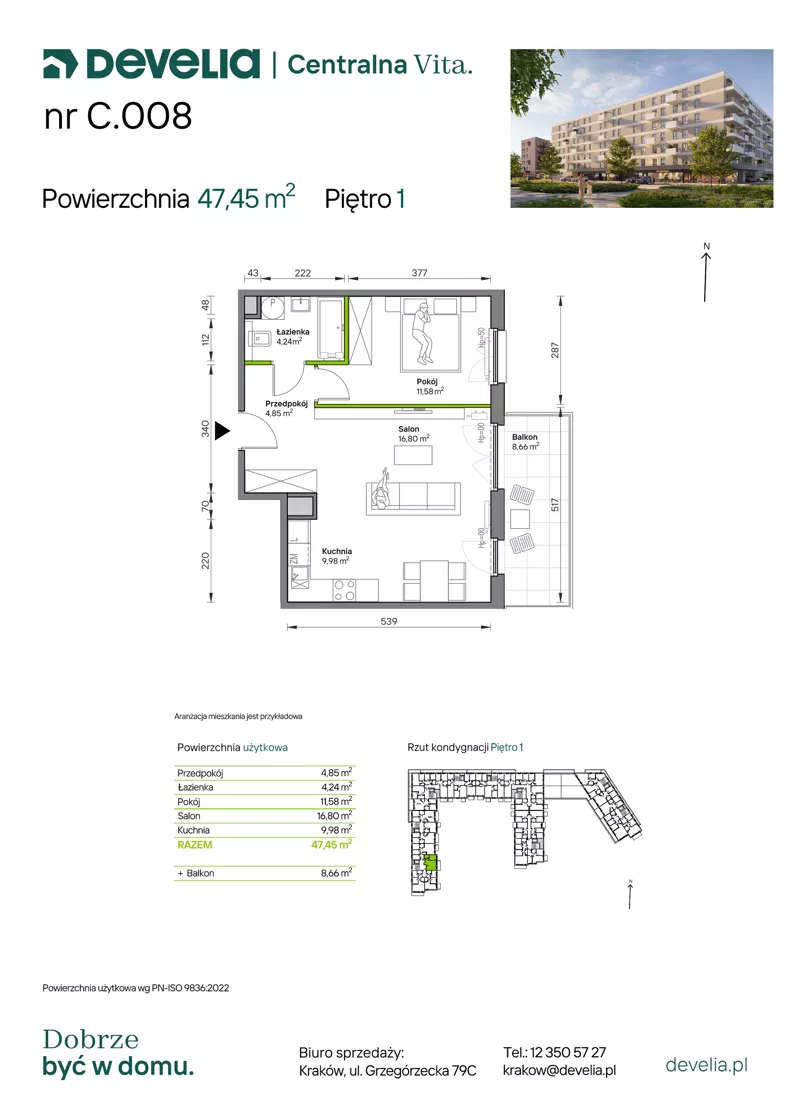 2 pokoje, mieszkanie 47,45 m², piętro 1, oferta nr C.008, Centralna Vita etap IV, Kraków, Czyżyny, ul. Ciesielskiego