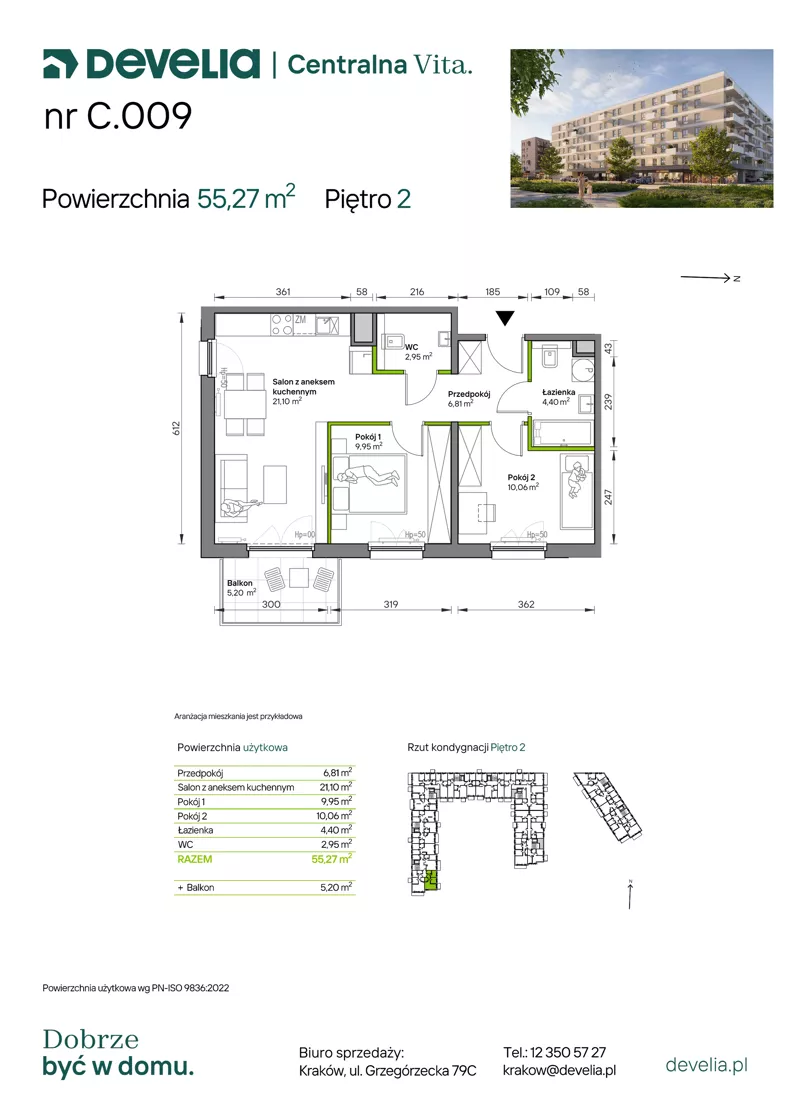 3 pokoje, mieszkanie 55,27 m², piętro 2, oferta nr C.009, Centralna Vita etap IV, Kraków, Czyżyny, ul. Ciesielskiego