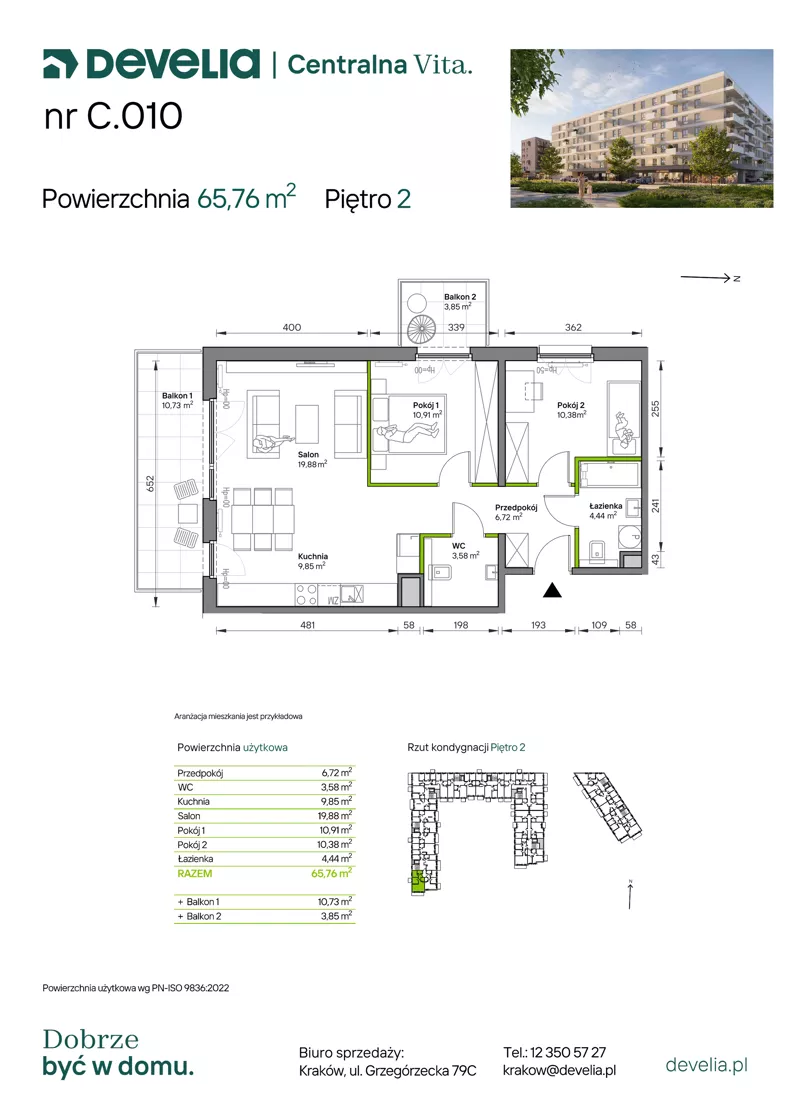 3 pokoje, mieszkanie 65,76 m², piętro 2, oferta nr C.010, Centralna Vita etap IV, Kraków, Czyżyny, ul. Ciesielskiego