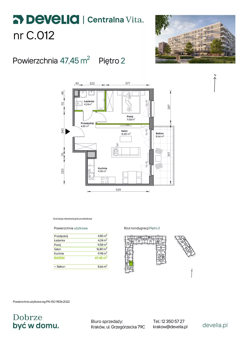 2 pokoje, mieszkanie 47,45 m², piętro 2, oferta nr C.012, Centralna Vita etap IV, Kraków, Czyżyny, ul. Ciesielskiego