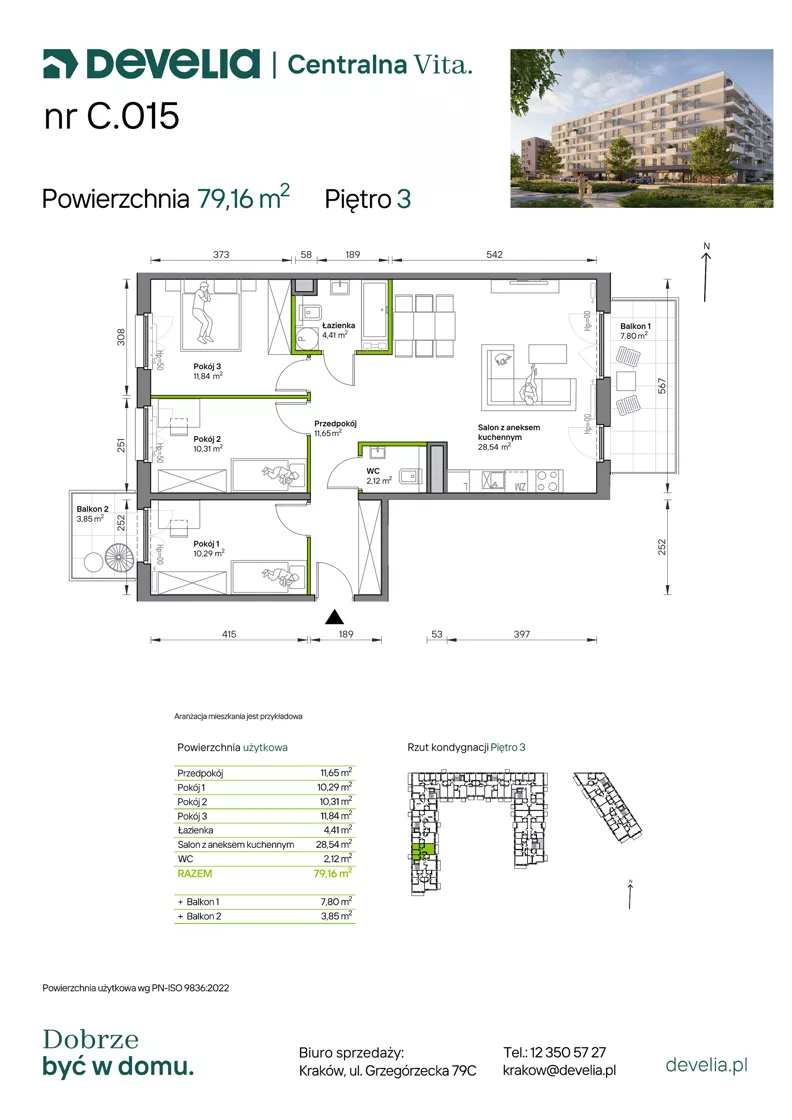 4 pokoje, mieszkanie 79,16 m², piętro 3, oferta nr C.015, Centralna Vita etap IV, Kraków, Czyżyny, ul. Ciesielskiego