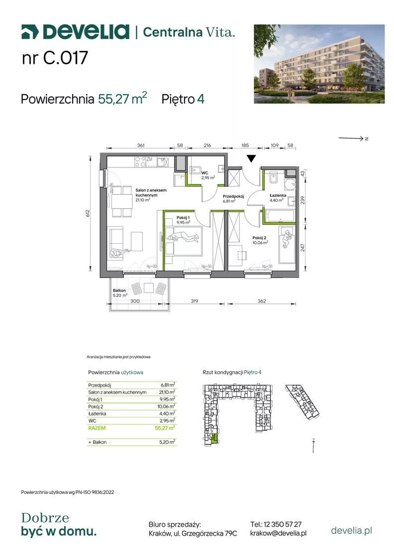 3 pokoje, mieszkanie 55,27 m², piętro 4, oferta nr C.017, Centralna Vita etap IV, Kraków, Czyżyny, ul. Ciesielskiego