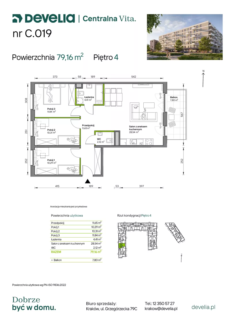 4 pokoje, mieszkanie 79,16 m², piętro 4, oferta nr C.019, Centralna Vita etap IV, Kraków, Czyżyny, ul. Ciesielskiego