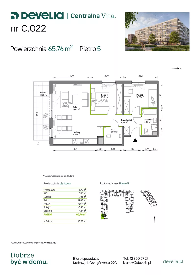 3 pokoje, mieszkanie 65,76 m², piętro 5, oferta nr C.022, Centralna Vita etap IV, Kraków, Czyżyny, ul. Ciesielskiego