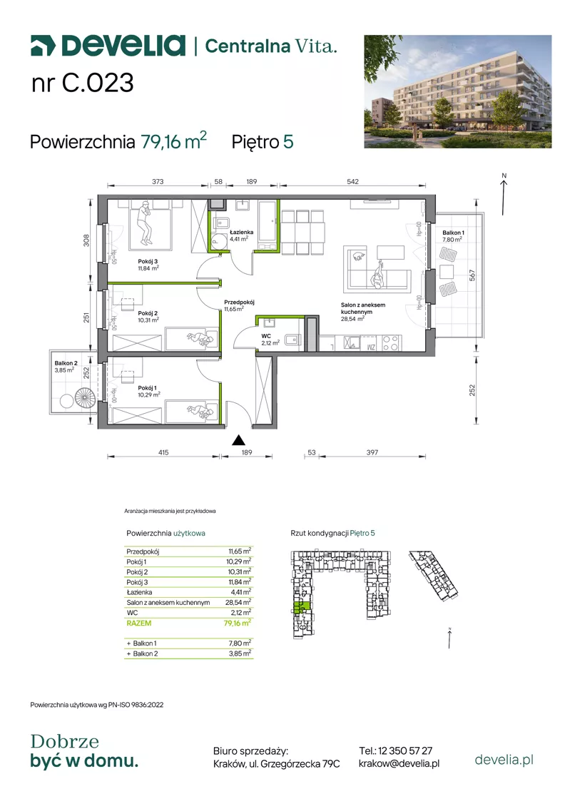 4 pokoje, mieszkanie 79,16 m², piętro 5, oferta nr C.023, Centralna Vita etap IV, Kraków, Czyżyny, ul. Ciesielskiego