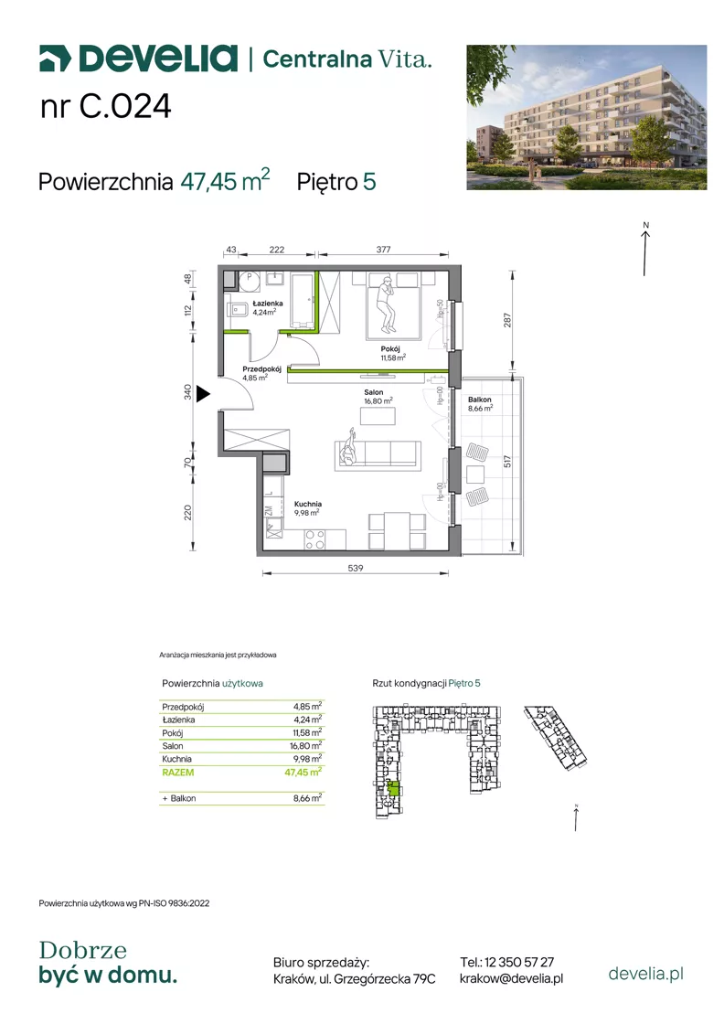 2 pokoje, mieszkanie 47,45 m², piętro 5, oferta nr C.024, Centralna Vita etap IV, Kraków, Czyżyny, ul. Ciesielskiego