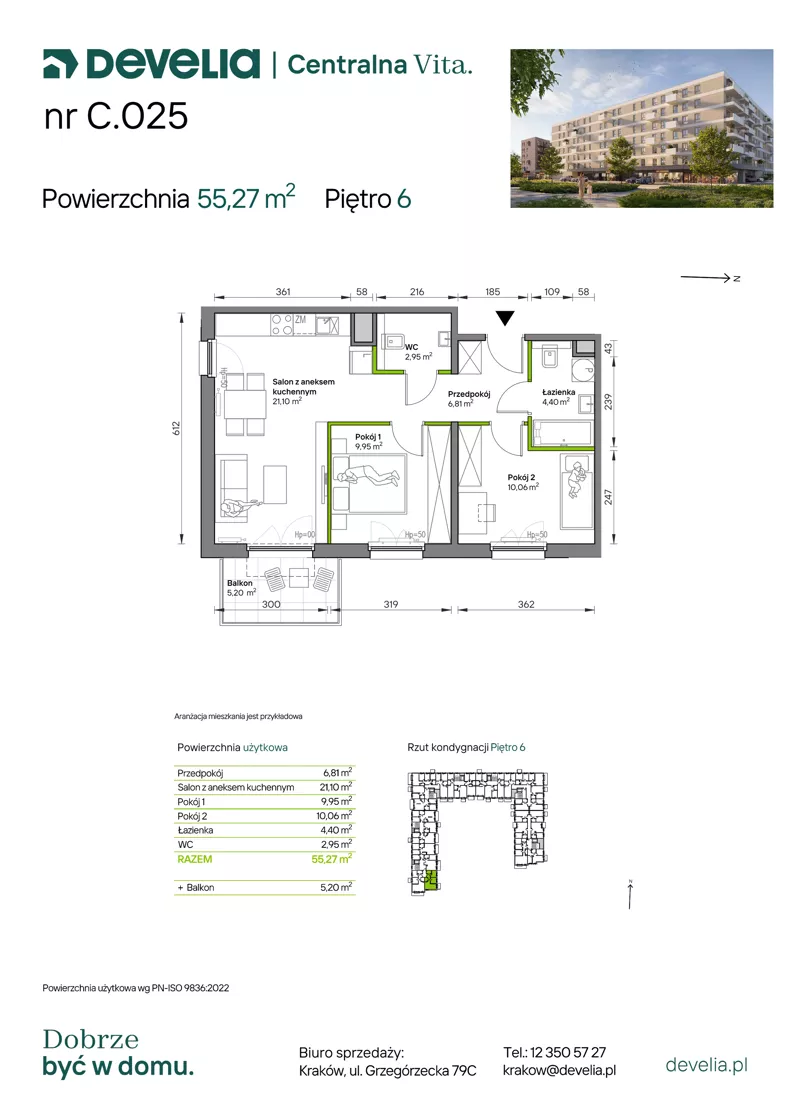 3 pokoje, mieszkanie 55,27 m², piętro 6, oferta nr C.025, Centralna Vita etap IV, Kraków, Czyżyny, ul. Ciesielskiego