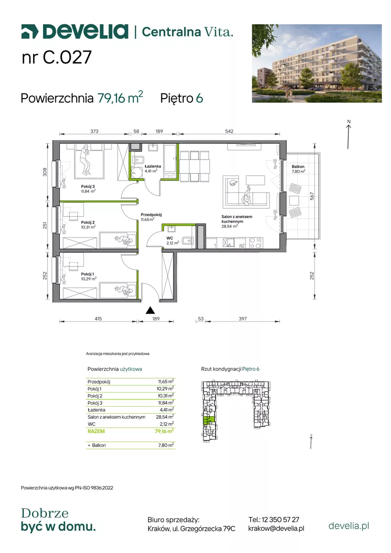 4 pokoje, mieszkanie 79,16 m², piętro 6, oferta nr C.027, Centralna Vita etap IV, Kraków, Czyżyny, ul. Ciesielskiego