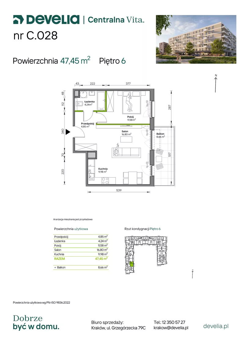 2 pokoje, mieszkanie 47,45 m², piętro 6, oferta nr C.028, Centralna Vita etap IV, Kraków, Czyżyny, ul. Ciesielskiego