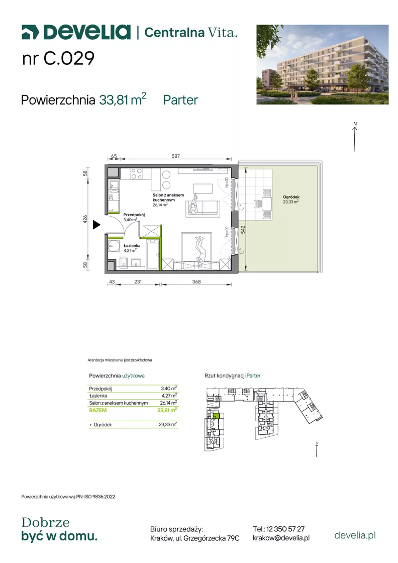 1 pokój, mieszkanie 33,81 m², parter, oferta nr C.029, Centralna Vita etap IV, Kraków, Czyżyny, ul. Ciesielskiego