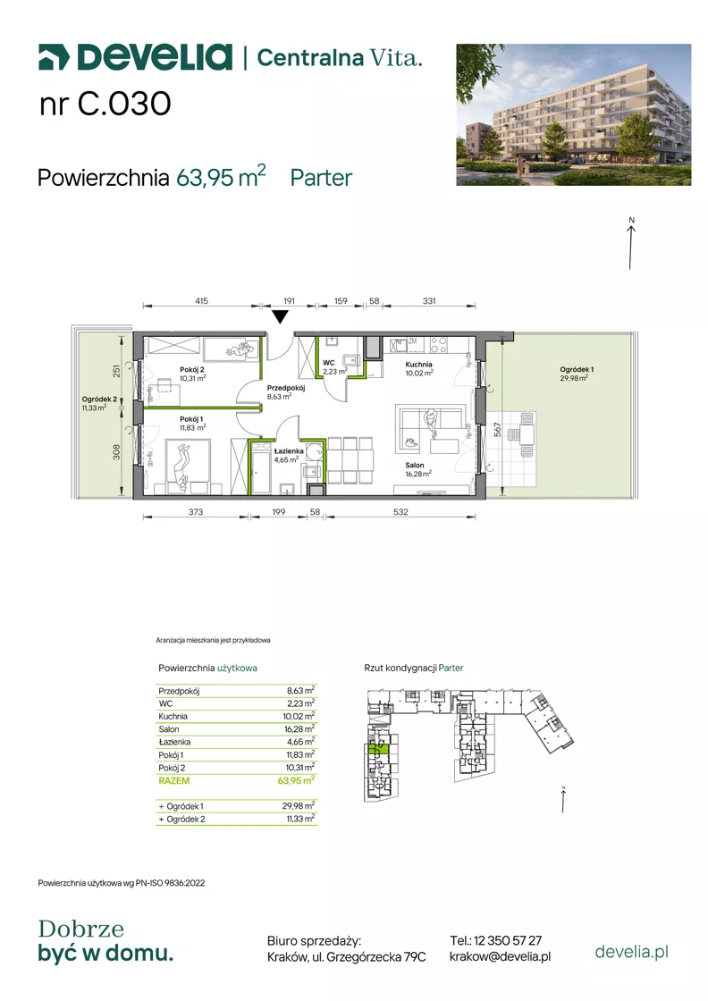 3 pokoje, mieszkanie 63,95 m², parter, oferta nr C.030, Centralna Vita etap IV, Kraków, Czyżyny, ul. Ciesielskiego
