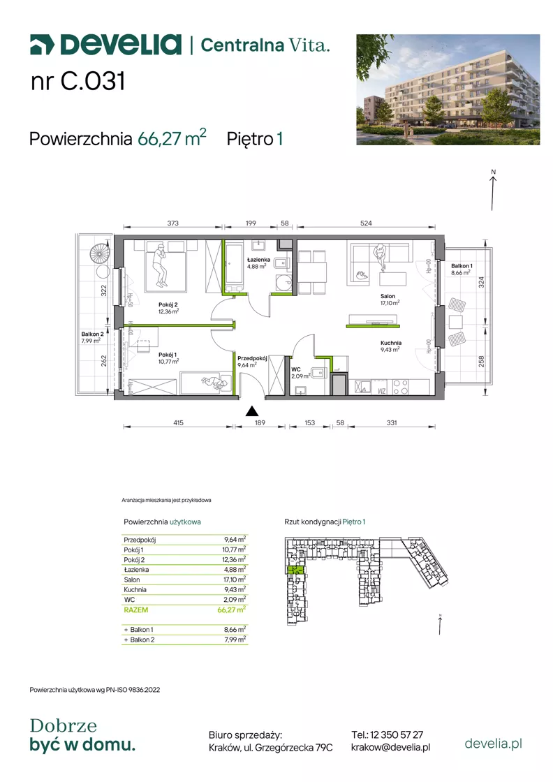 3 pokoje, mieszkanie 66,27 m², piętro 1, oferta nr C.031, Centralna Vita etap IV, Kraków, Czyżyny, ul. Ciesielskiego