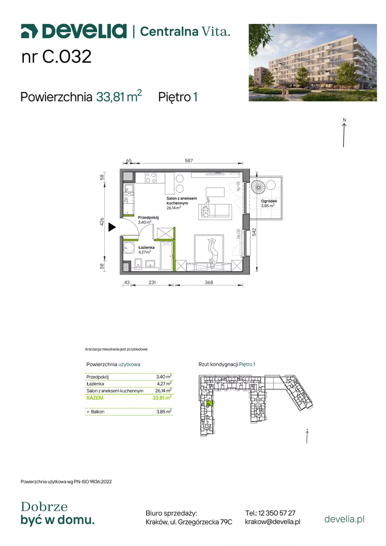 1 pokój, mieszkanie 33,81 m², piętro 1, oferta nr C.032, Centralna Vita etap IV, Kraków, Czyżyny, ul. Ciesielskiego