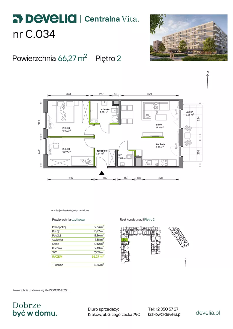 3 pokoje, mieszkanie 66,27 m², piętro 2, oferta nr C.034, Centralna Vita etap IV, Kraków, Czyżyny, ul. Ciesielskiego