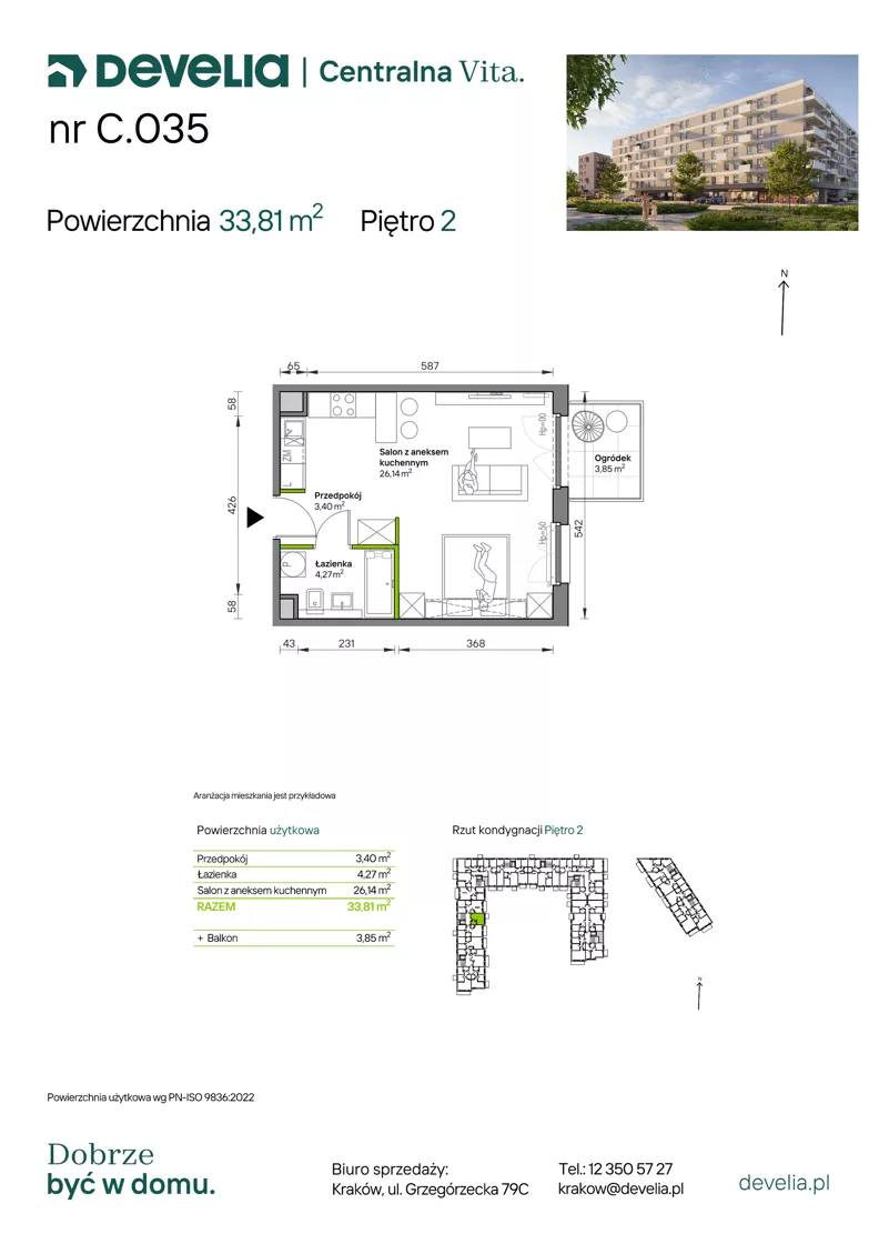 1 pokój, mieszkanie 33,81 m², piętro 2, oferta nr C.035, Centralna Vita etap IV, Kraków, Czyżyny, ul. Ciesielskiego