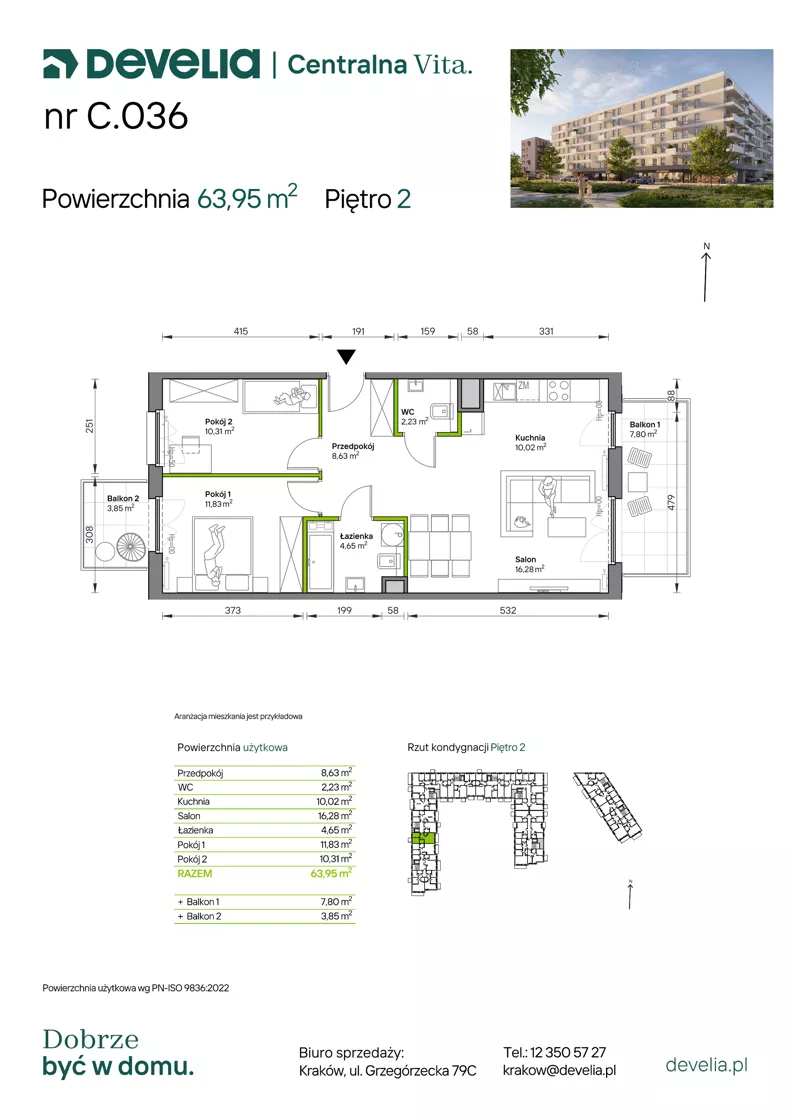 3 pokoje, mieszkanie 63,95 m², piętro 2, oferta nr C.036, Centralna Vita etap IV, Kraków, Czyżyny, ul. Ciesielskiego
