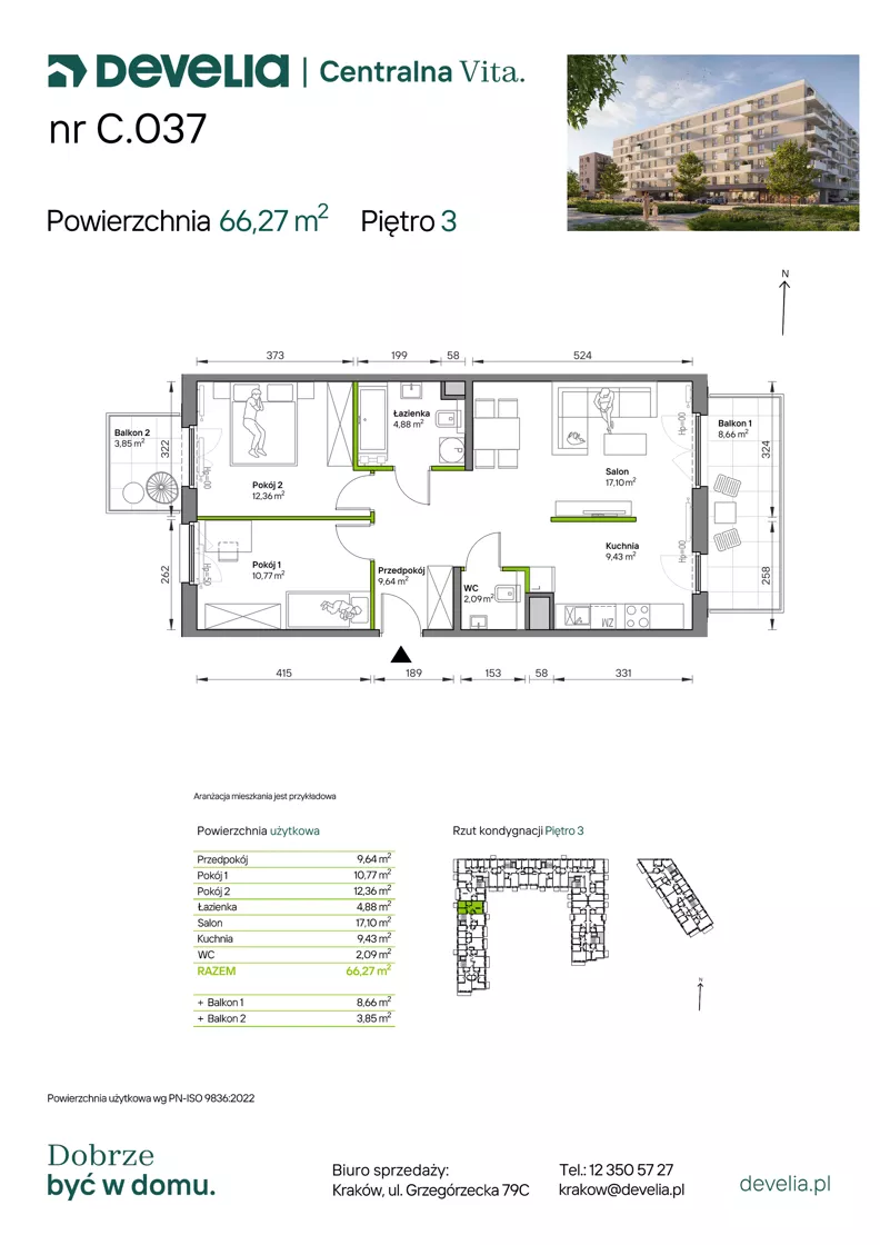 3 pokoje, mieszkanie 66,27 m², piętro 3, oferta nr C.037, Centralna Vita etap IV, Kraków, Czyżyny, ul. Ciesielskiego