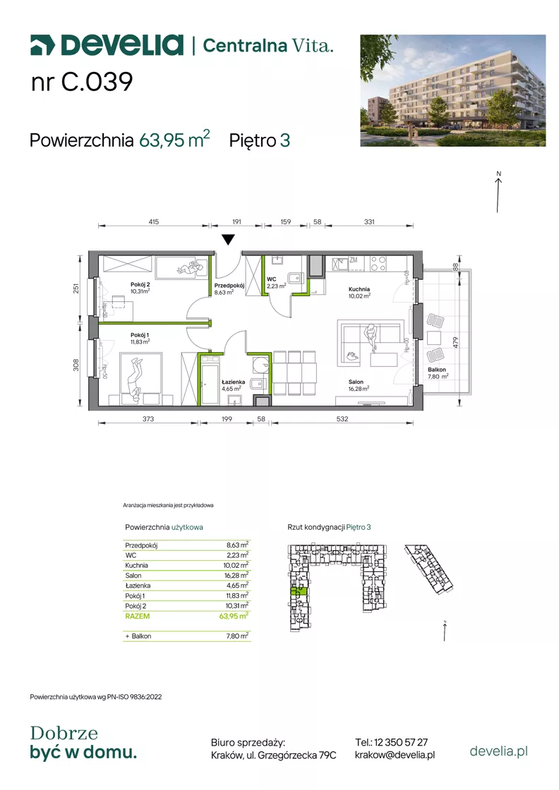 3 pokoje, mieszkanie 63,95 m², piętro 3, oferta nr C.039, Centralna Vita etap IV, Kraków, Czyżyny, ul. Ciesielskiego