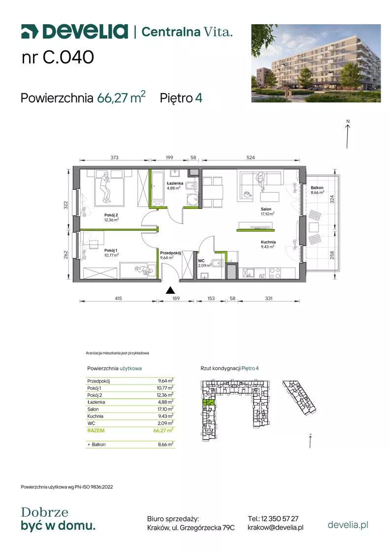 3 pokoje, mieszkanie 66,27 m², piętro 4, oferta nr C.040, Centralna Vita etap IV, Kraków, Czyżyny, ul. Ciesielskiego