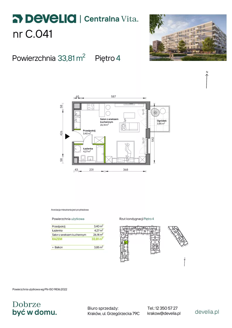 1 pokój, mieszkanie 33,81 m², piętro 4, oferta nr C.041, Centralna Vita etap IV, Kraków, Czyżyny, ul. Ciesielskiego