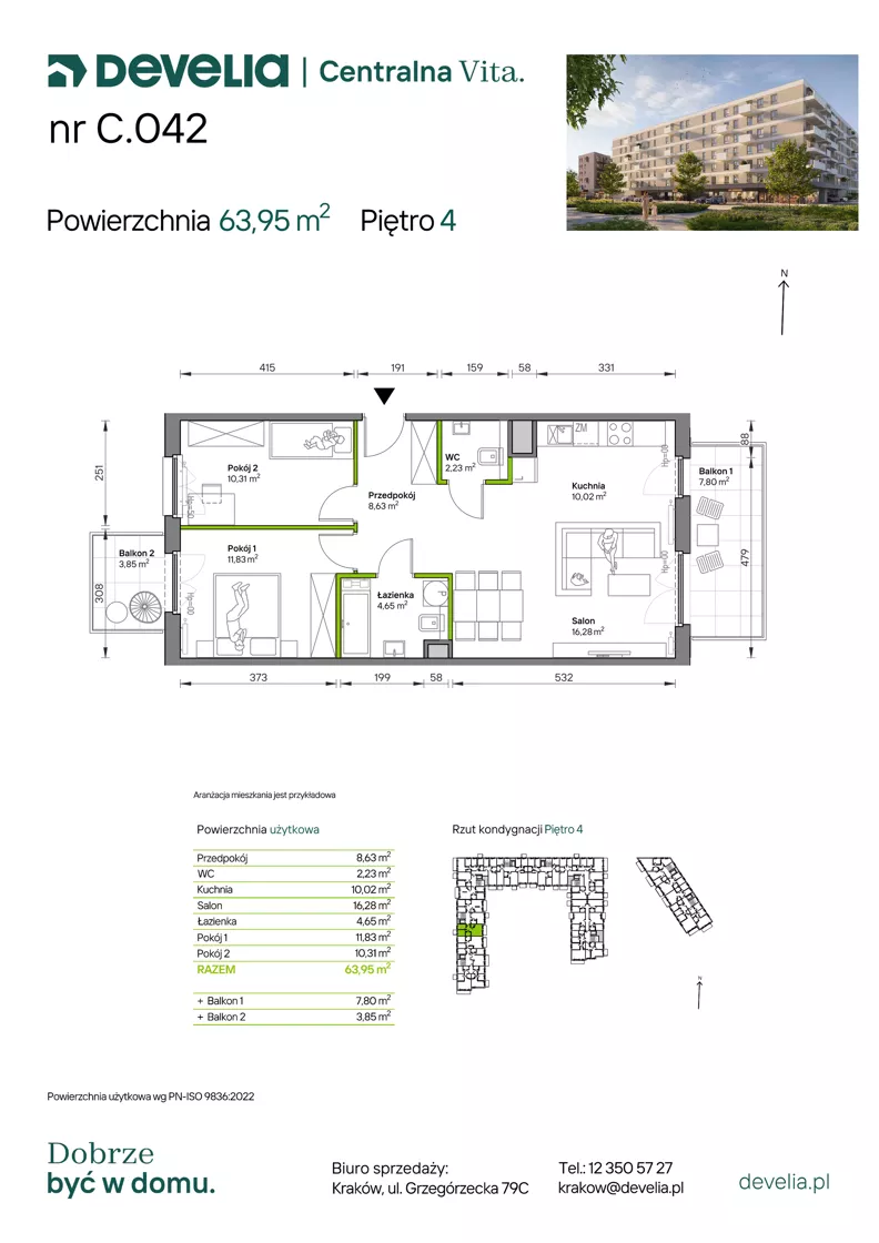 3 pokoje, mieszkanie 63,95 m², piętro 4, oferta nr C.042, Centralna Vita etap IV, Kraków, Czyżyny, ul. Ciesielskiego