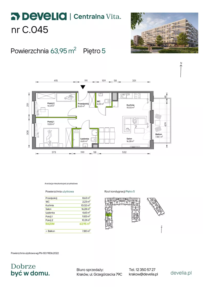 3 pokoje, mieszkanie 63,95 m², piętro 5, oferta nr C.045, Centralna Vita etap IV, Kraków, Czyżyny, ul. Ciesielskiego