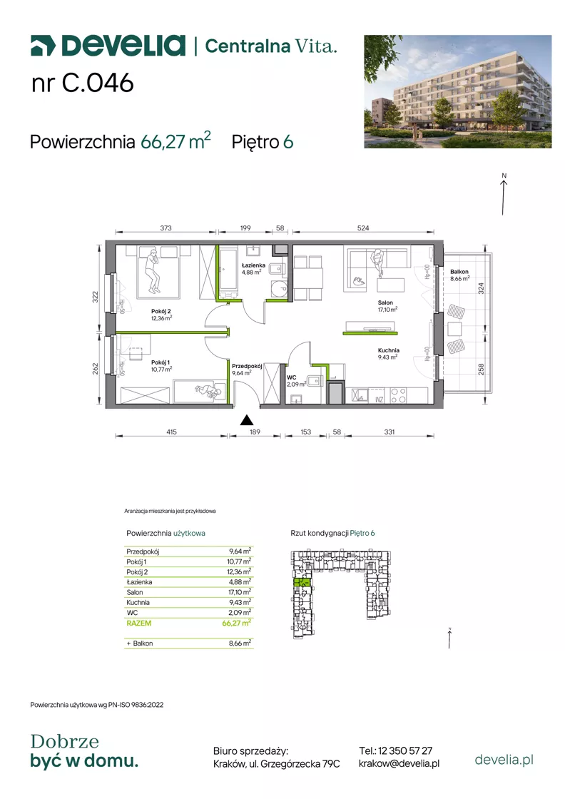 3 pokoje, mieszkanie 66,27 m², piętro 6, oferta nr C.046, Centralna Vita etap IV, Kraków, Czyżyny, ul. Ciesielskiego