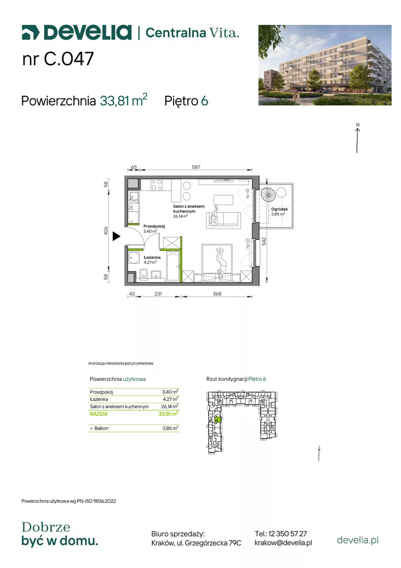 1 pokój, mieszkanie 33,81 m², piętro 6, oferta nr C.047, Centralna Vita etap IV, Kraków, Czyżyny, ul. Ciesielskiego