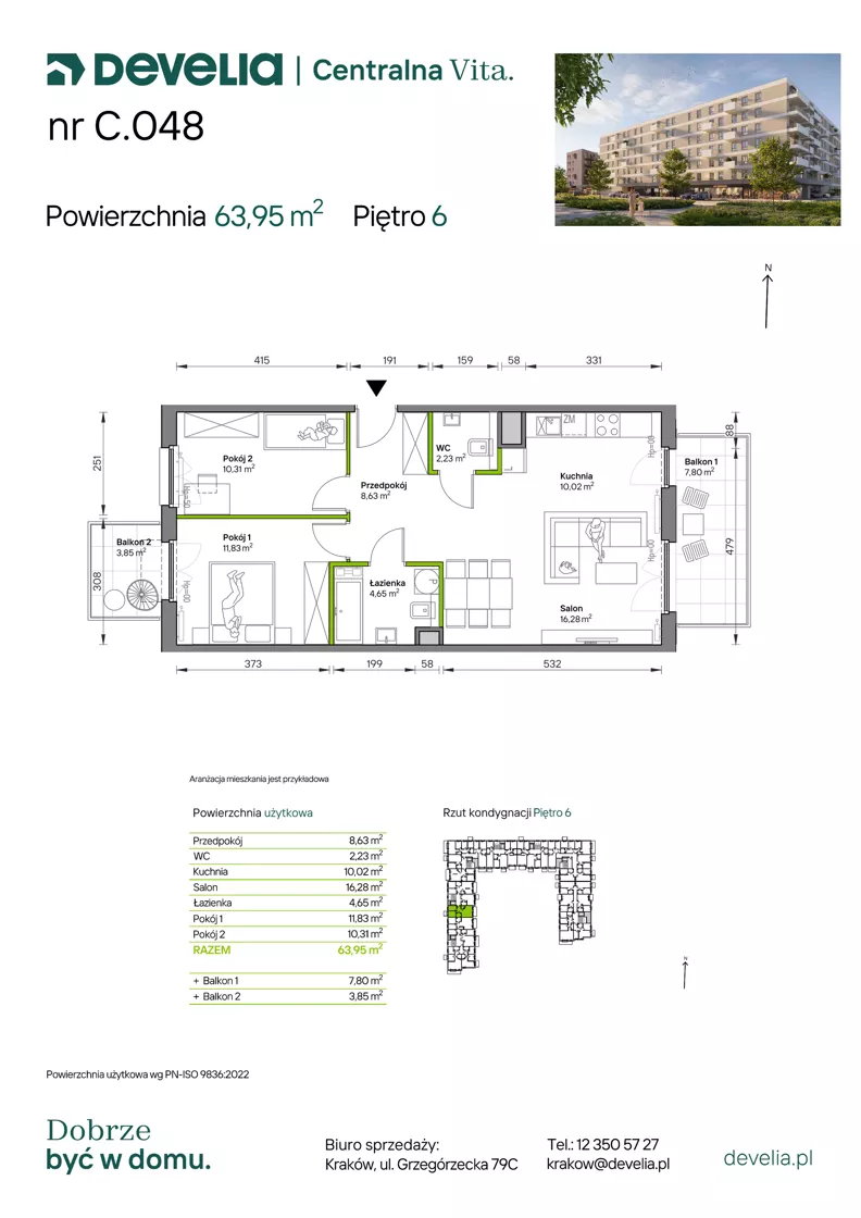 3 pokoje, mieszkanie 63,95 m², piętro 6, oferta nr C.048, Centralna Vita etap IV, Kraków, Czyżyny, ul. Ciesielskiego