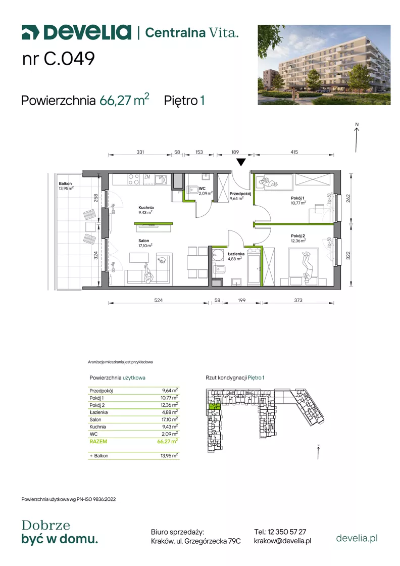 3 pokoje, mieszkanie 66,27 m², piętro 1, oferta nr C.049, Centralna Vita etap IV, Kraków, Czyżyny, ul. Ciesielskiego