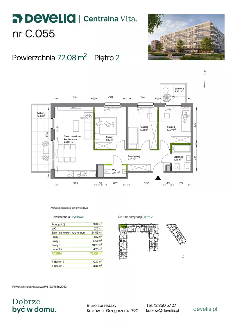 4 pokoje, mieszkanie 72,08 m², piętro 2, oferta nr C.055, Centralna Vita etap IV, Kraków, Czyżyny, ul. Ciesielskiego