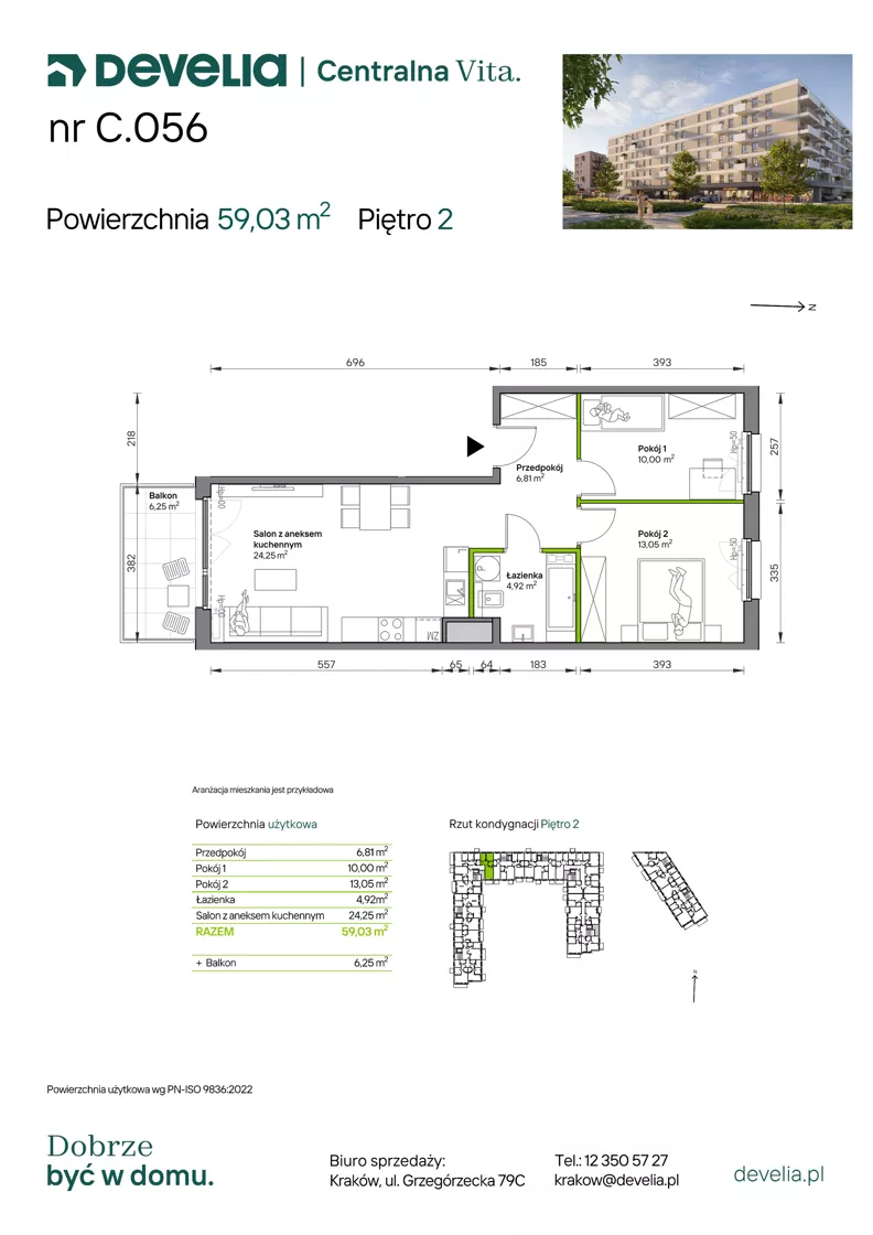 3 pokoje, mieszkanie 59,03 m², piętro 2, oferta nr C.056, Centralna Vita etap IV, Kraków, Czyżyny, ul. Ciesielskiego