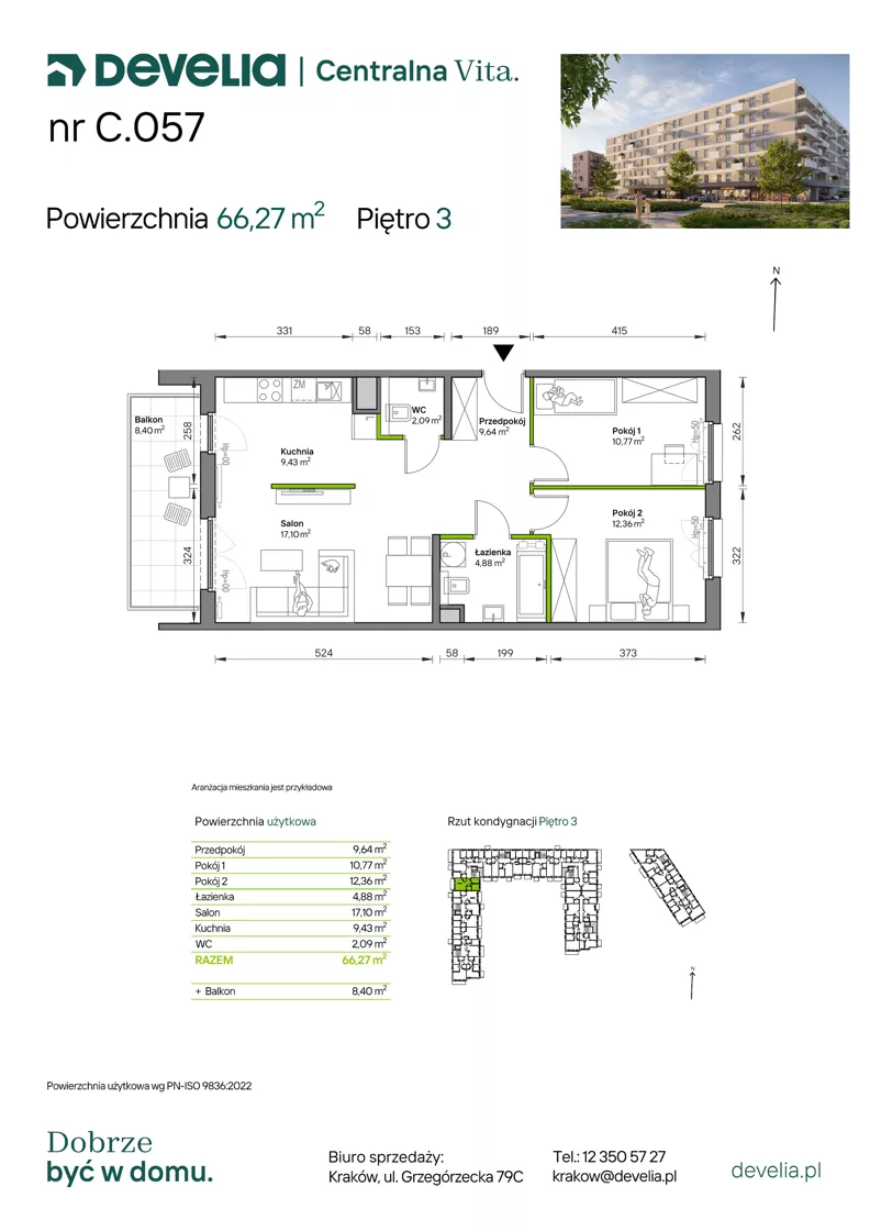 3 pokoje, mieszkanie 66,27 m², piętro 3, oferta nr C.057, Centralna Vita etap IV, Kraków, Czyżyny, ul. Ciesielskiego