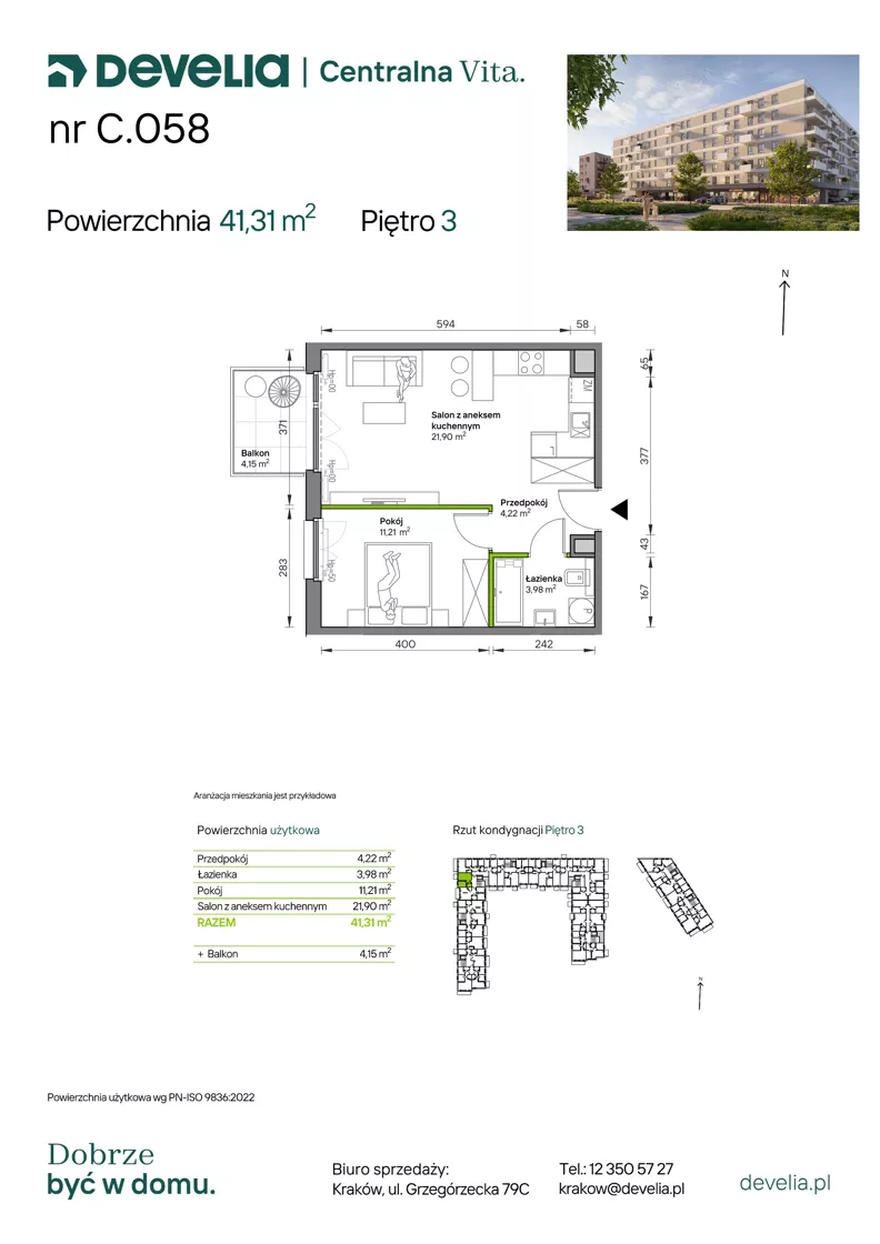 2 pokoje, mieszkanie 41,31 m², piętro 3, oferta nr C.058, Centralna Vita etap IV, Kraków, Czyżyny, ul. Ciesielskiego