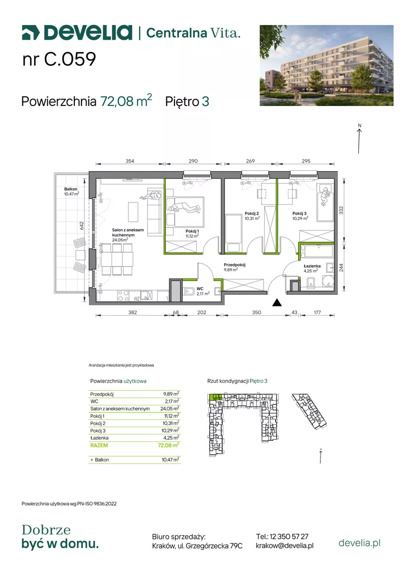4 pokoje, mieszkanie 72,08 m², piętro 3, oferta nr C.059, Centralna Vita etap IV, Kraków, Czyżyny, ul. Ciesielskiego