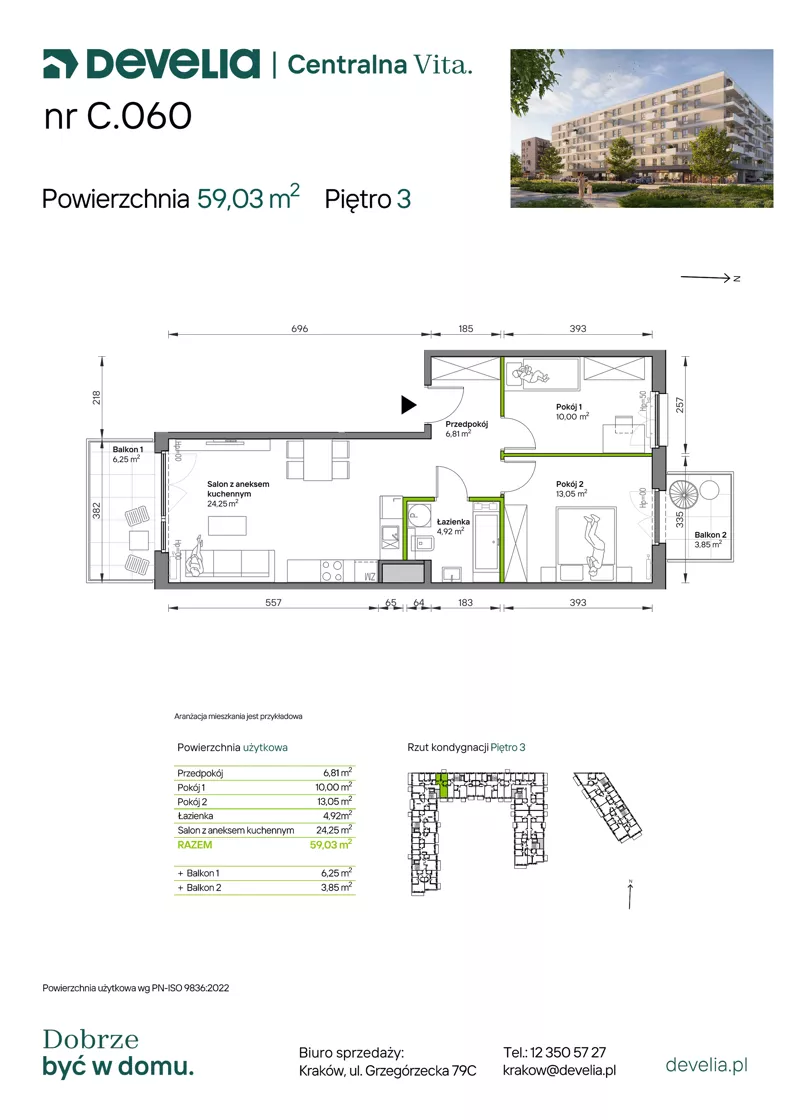 3 pokoje, mieszkanie 59,03 m², piętro 3, oferta nr C.060, Centralna Vita etap IV, Kraków, Czyżyny, ul. Ciesielskiego