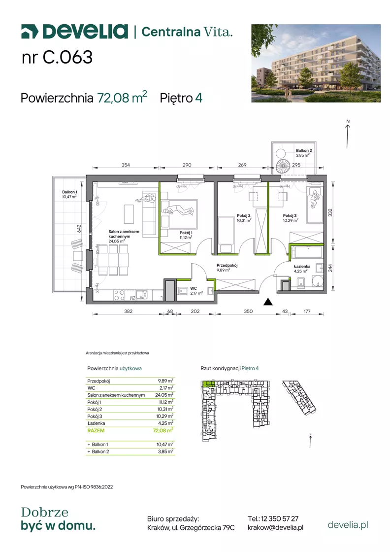 4 pokoje, mieszkanie 72,08 m², piętro 4, oferta nr C.063, Centralna Vita etap IV, Kraków, Czyżyny, ul. Ciesielskiego