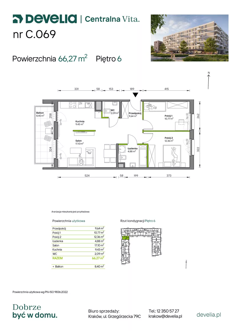 3 pokoje, mieszkanie 66,27 m², piętro 6, oferta nr C.069, Centralna Vita etap IV, Kraków, Czyżyny, ul. Ciesielskiego