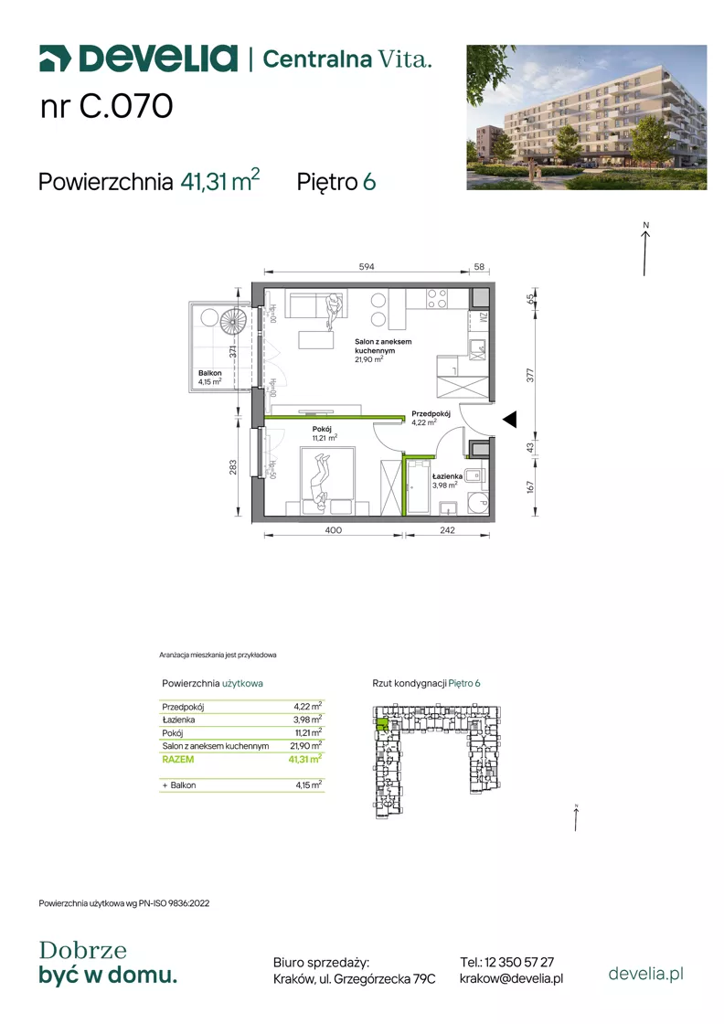 2 pokoje, mieszkanie 41,31 m², piętro 6, oferta nr C.070, Centralna Vita etap IV, Kraków, Czyżyny, ul. Ciesielskiego
