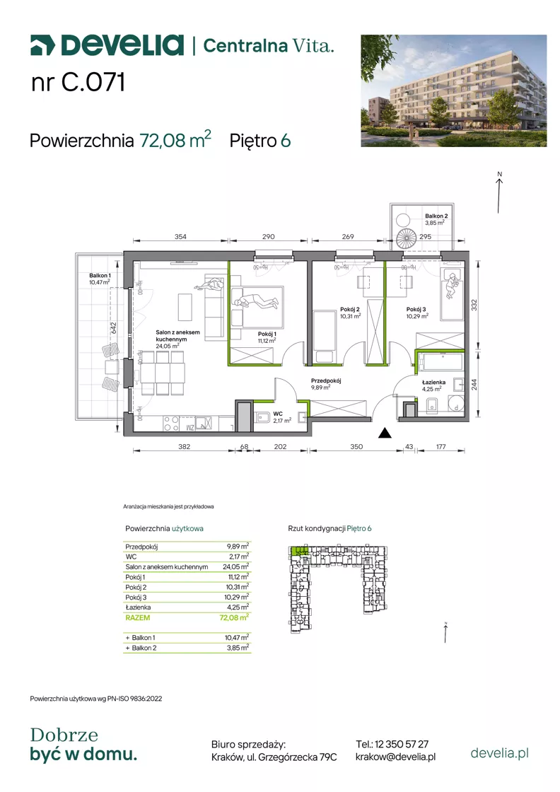 4 pokoje, mieszkanie 72,08 m², piętro 6, oferta nr C.071, Centralna Vita etap IV, Kraków, Czyżyny, ul. Ciesielskiego