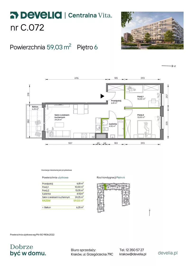3 pokoje, mieszkanie 59,03 m², piętro 6, oferta nr C.072, Centralna Vita etap IV, Kraków, Czyżyny, ul. Ciesielskiego